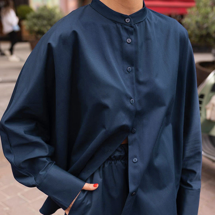 Casual Stand-up Collar Long-sleeved Shirt Wide Leg Pants Loose Two-piece Suit