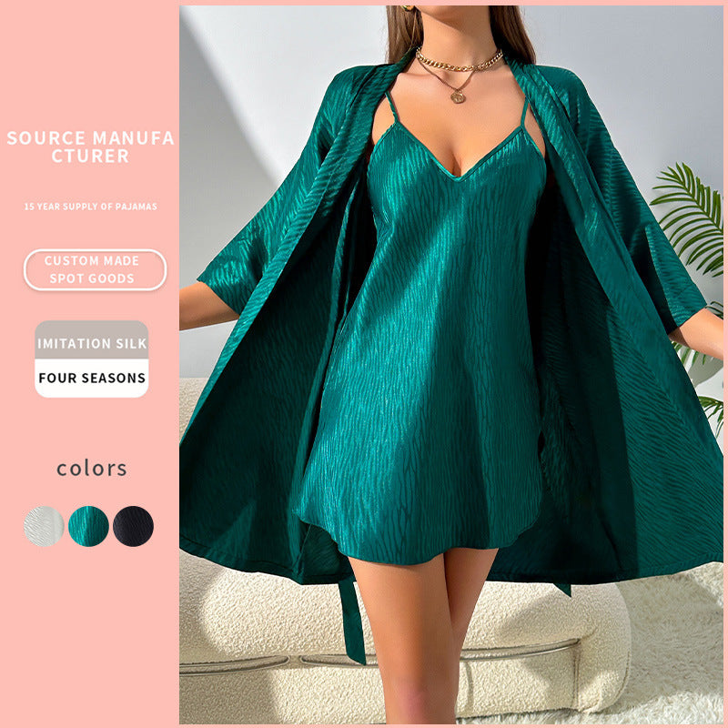 V-neck Long Slip Nightdress Two-piece Set Simple Artificial Silk