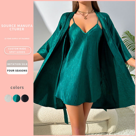 V-neck Long Slip Nightdress Two-piece Set Simple Artificial Silk