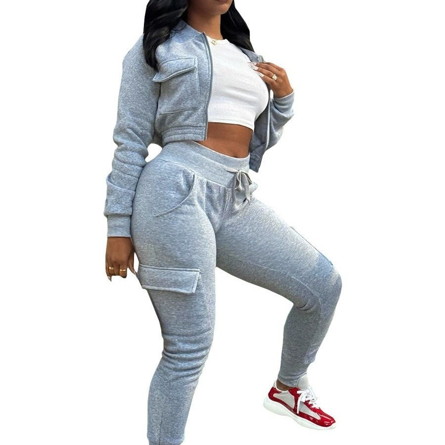 European And American Women's Clothing Thread Patchwork Sweater Fleece Work Pants Leisure Sports Two-piece Set