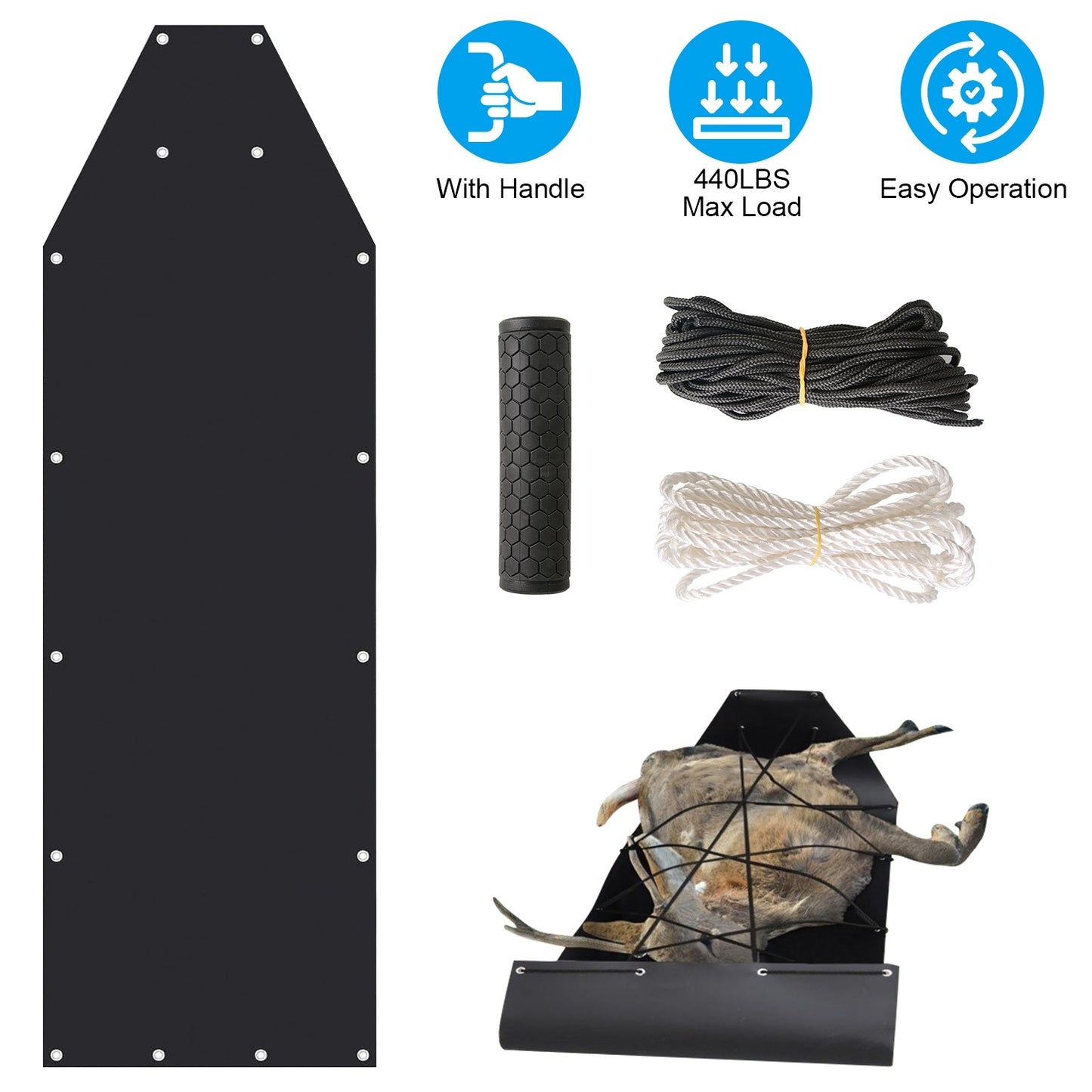 Deer Drag Sled With Handle Deer Cart Game Hauler Snow Sledding Pad Hunting Gear Supplies With 32.8FT Black Rope 16.1FT White Rope For Hunting Ice Fishing Hauling Fire Wood