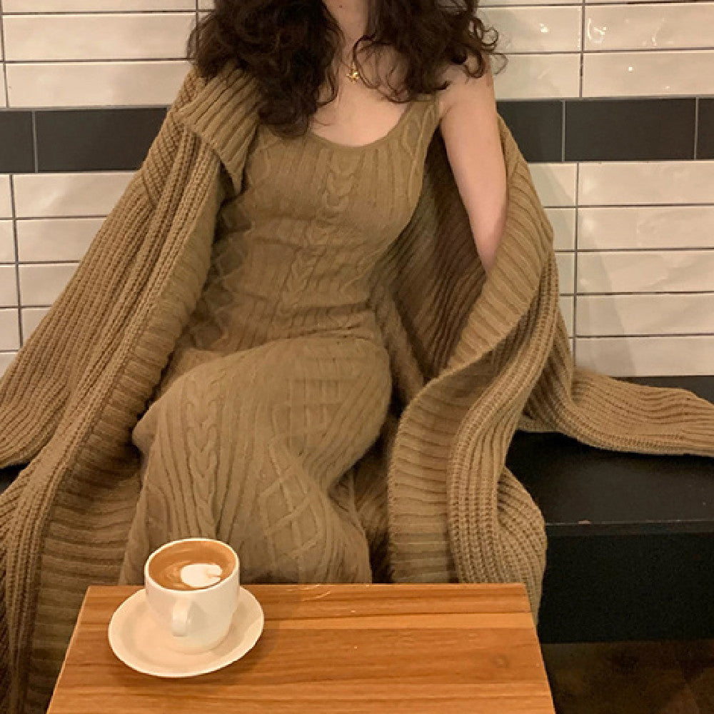 Knitted Cardigan Round Neck Dress Two-piece Women's Clothing