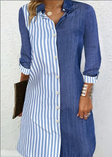 Stylish Striped Print Color Block Shirt Dress - Versatile Long Sleeve For Chic Spring & Fall Looks - Comfortable Womens Clothing For Everyday Wear
