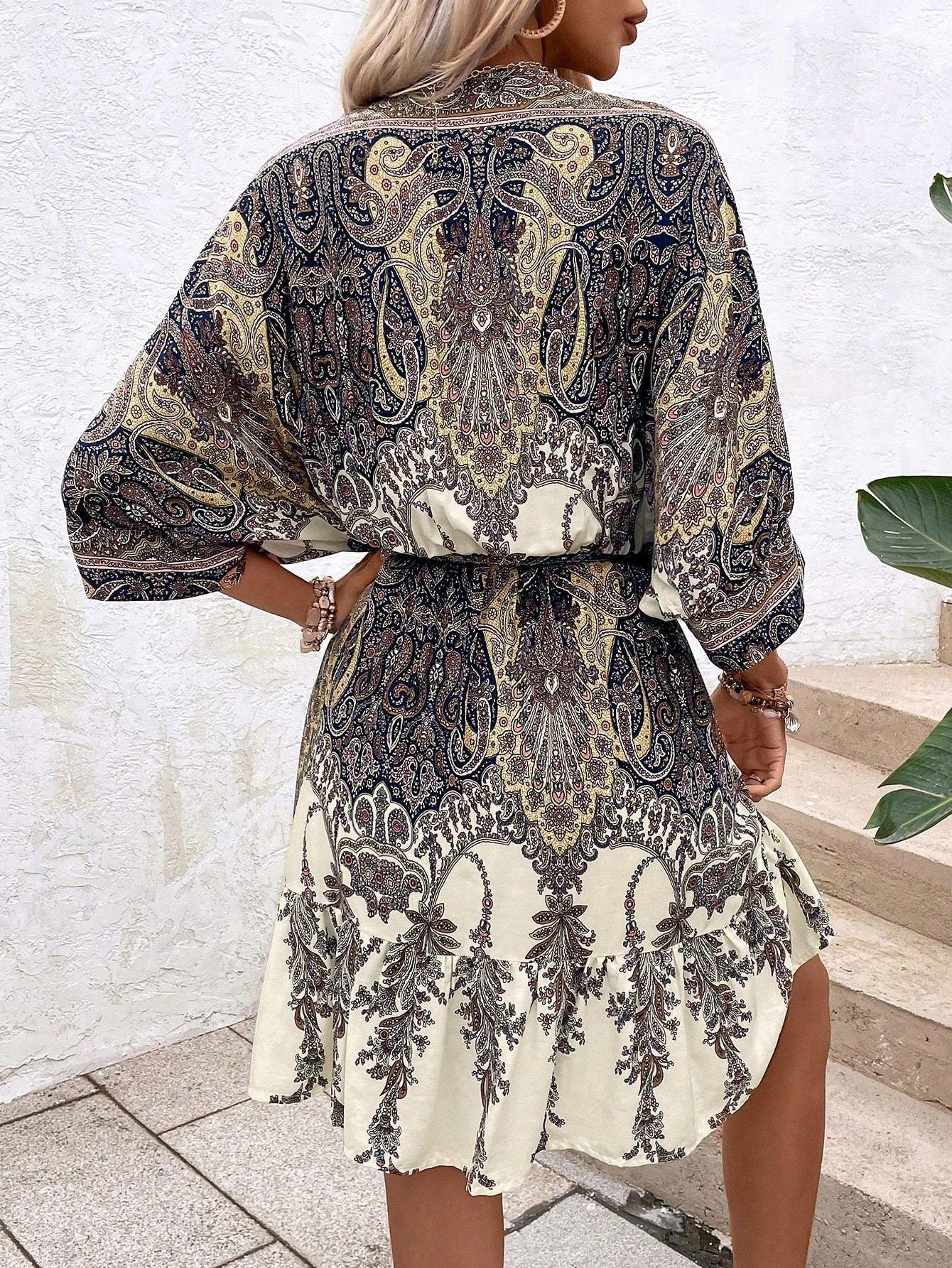 Paisley Print Batwing Sleeve Tassel Tie Front Ruffle Hem Dress