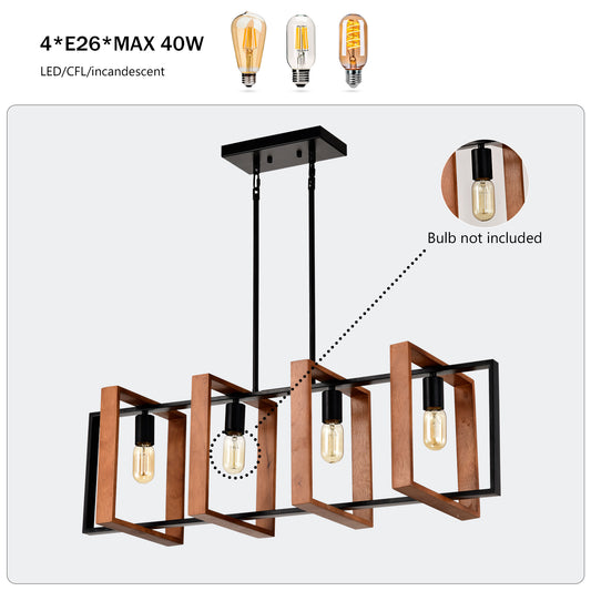 4-Light Kitchen Island Lights Pendant Light Farmhouse Dining Room Light Fixture, Rustic Wood And Black Metal Rectangular Chandelier,
