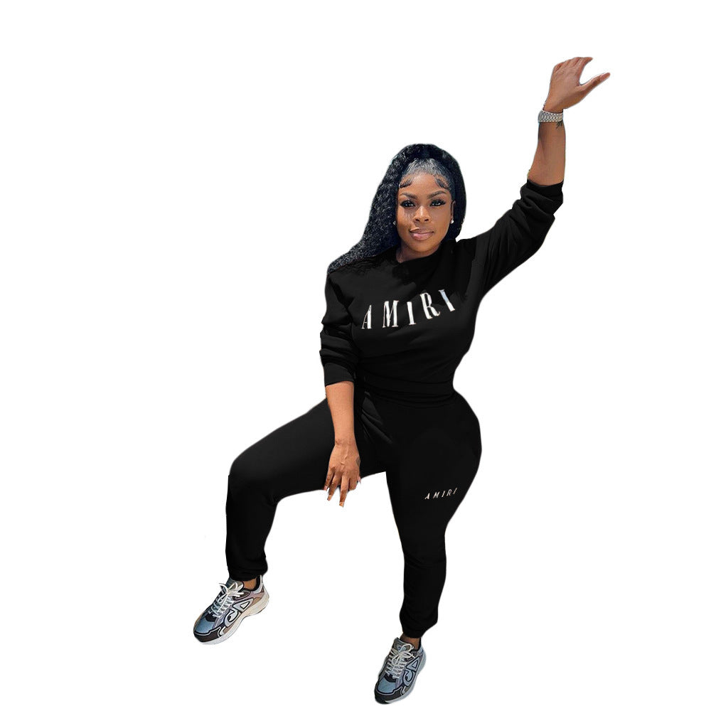 Printed Crew Neck Sweatshirt Two-piece Suit