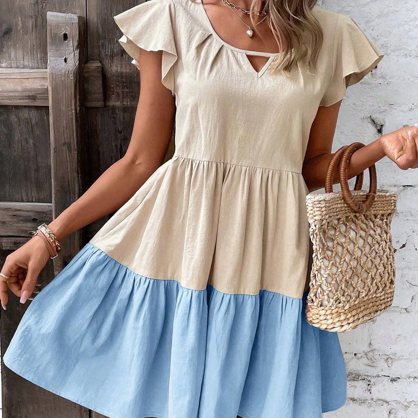 Colorblock Keyhole Neckline Ruffle Hem Smock Dress