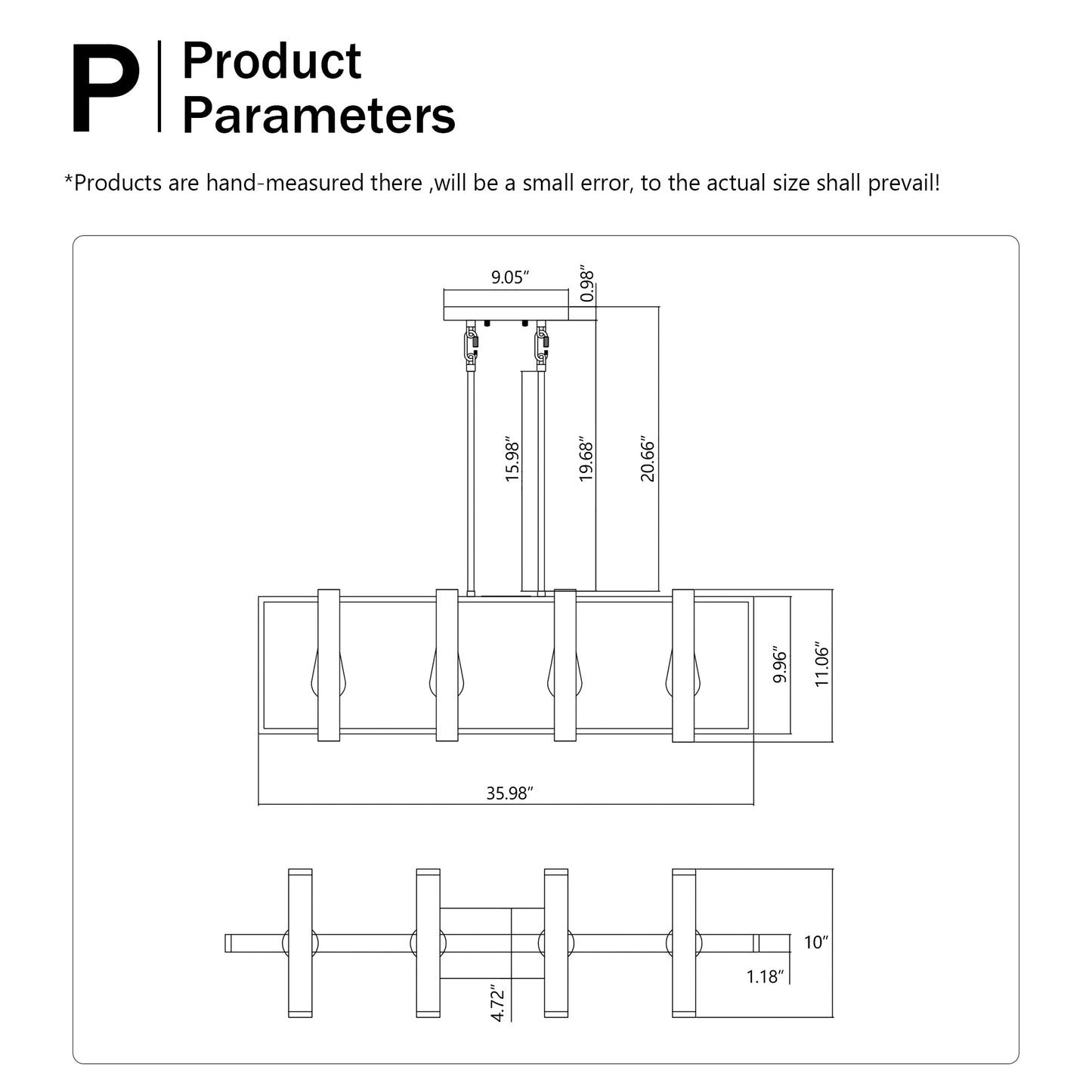 4-Light Kitchen Island Lights Pendant Light Farmhouse Dining Room Light Fixture, Rustic Wood And Black Metal Rectangular Chandelier,