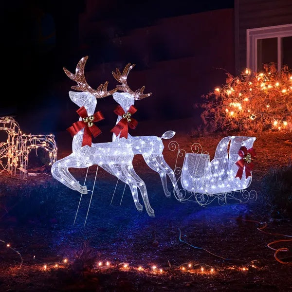 3-Piece Lighted Set Of 2 Reindeer & Sleigh, Weather Proof Christmas Outdoor Decorations With Pre-lit 270 LED White Lights And Stakes For Xmas Outdoor Holiday Indoor Decor Lighted Holiday Displays, Whi