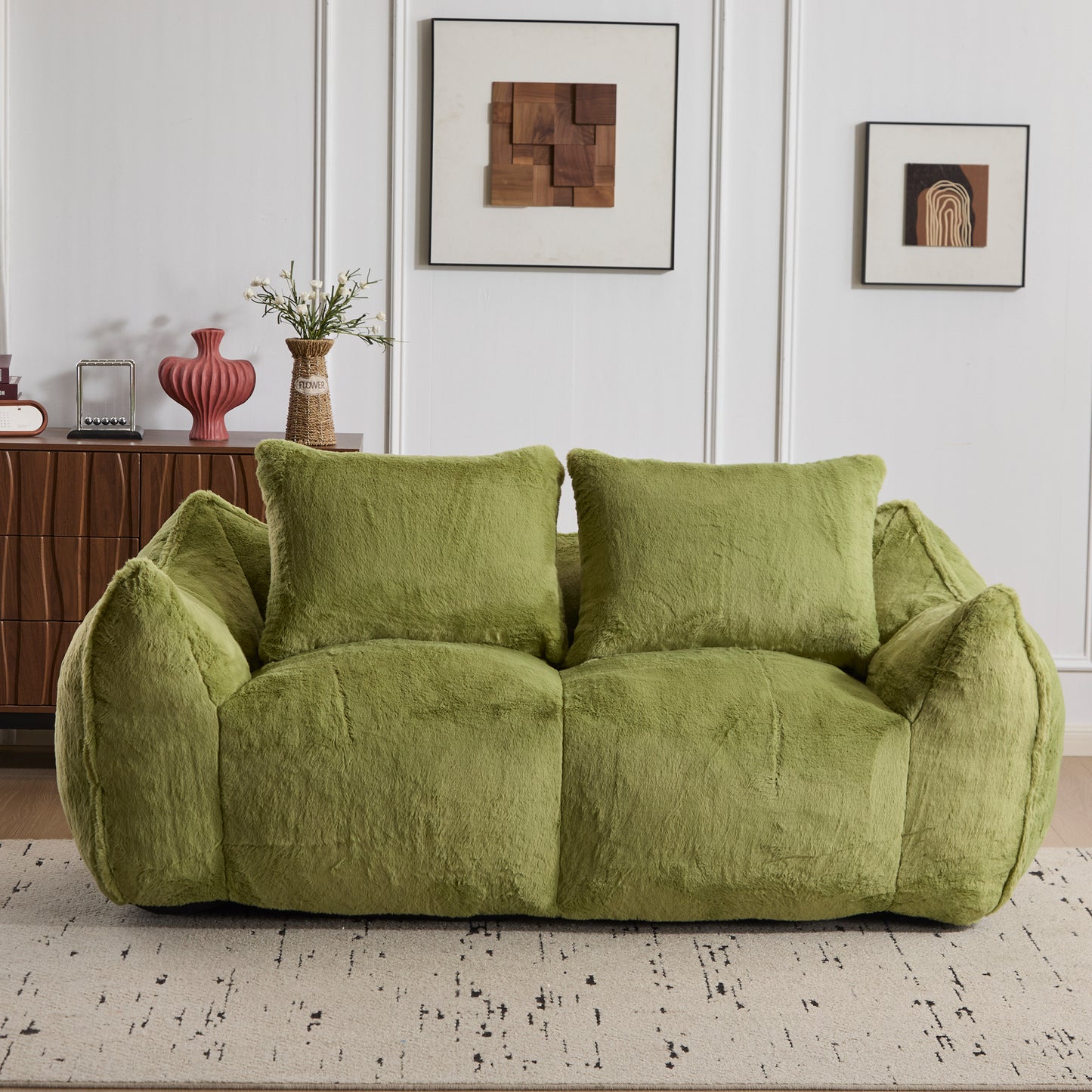 Giant Bean Bag Couch For Adults, Ultra Soft Fluffy Loveseat Bean Bag Sofa, Oversized Chase Lounge Chair Indoor For Living Room Bedroom, No Assembly Required Cozy Reading Chair With Pillows, Green