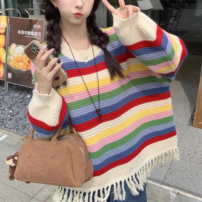 Rainbow Striped Tassel Hollow Out Sweater