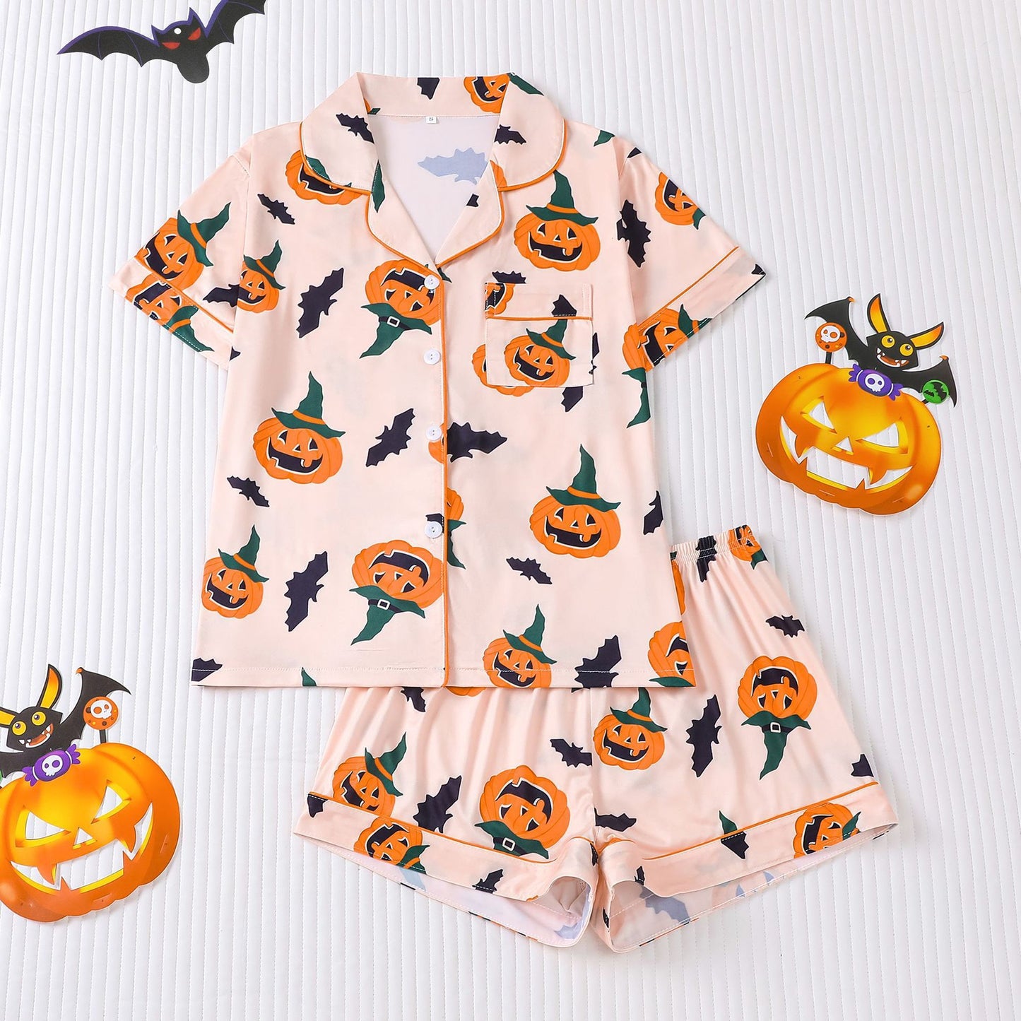 Cuban Collar Halloween Pumpkin Head Women's Short Sleeve Suit