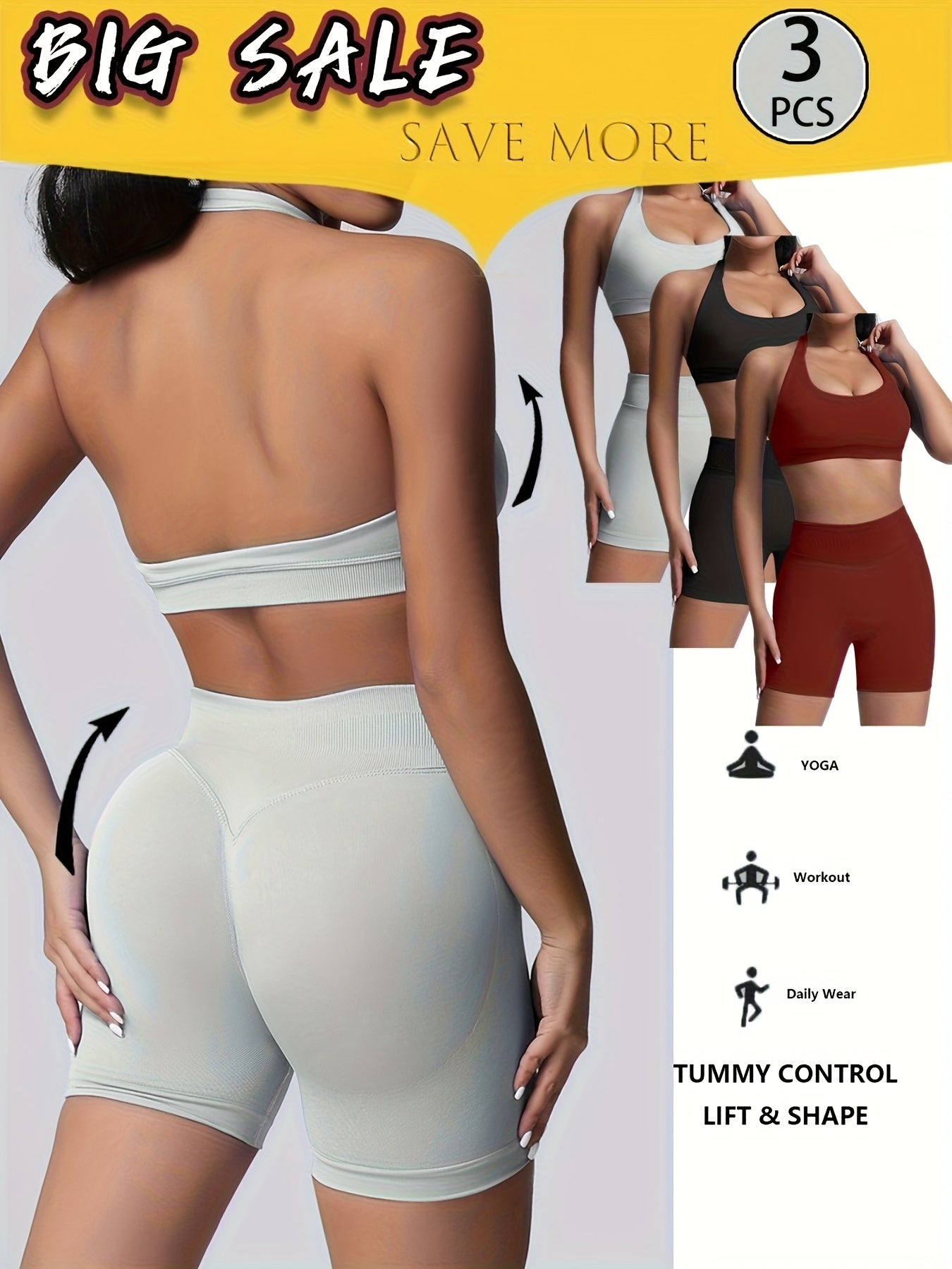 3-Pack Women's Yoga Outfit  Sports Bra High-Waist Shorts  Quick-Dry  Workout Combo