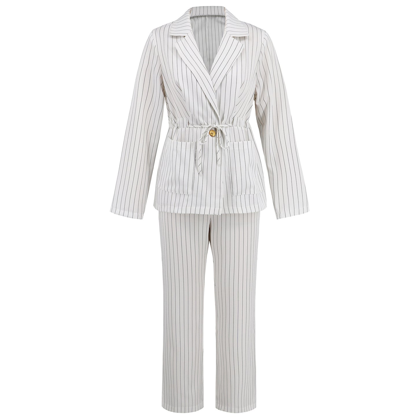 Fashion Striped Lapel Two-piece Suit Suit Drawstring Coat Trousers