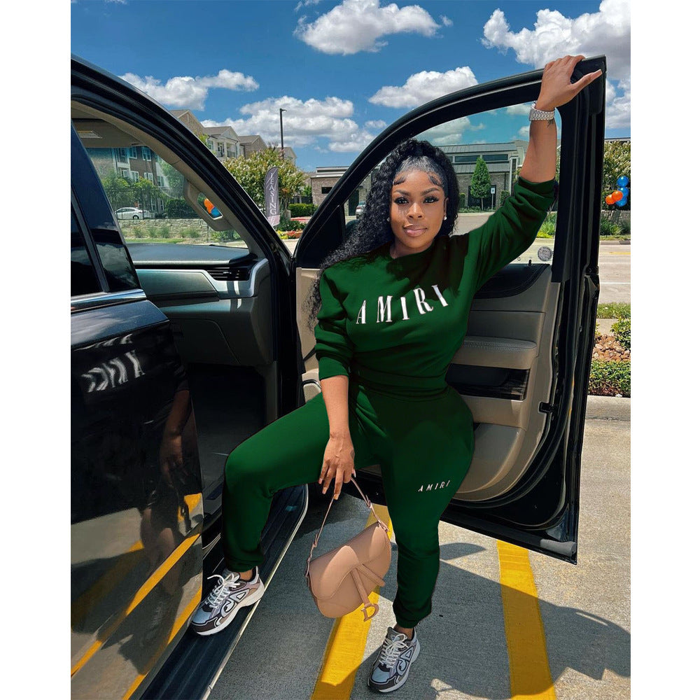 Printed Crew Neck Sweatshirt Two-piece Suit