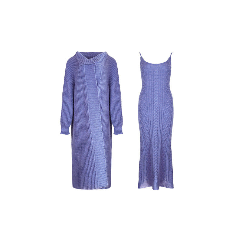 Knitted Cardigan Round Neck Dress Two-piece Women's Clothing