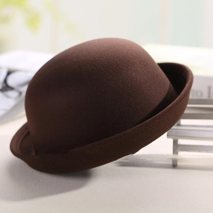 Girls Trendy Hat Woolen Dome Top Hat With Curling Edge British Round Hat Ball Hat