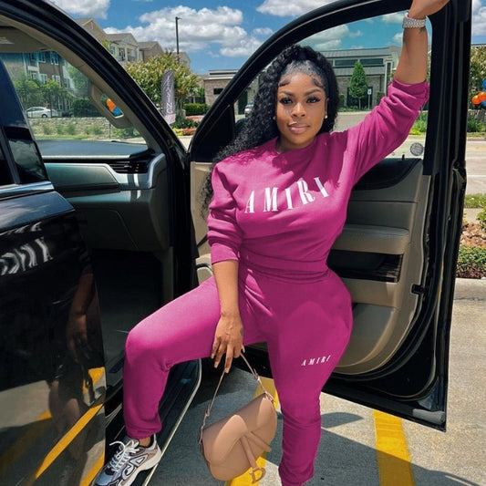 Printed Crew Neck Sweatshirt Two-piece Suit