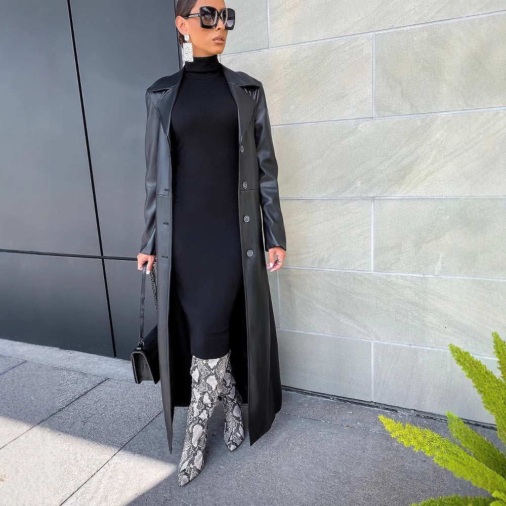 Lapel Button Street All-match Warm And Trendy Long Leather Coat