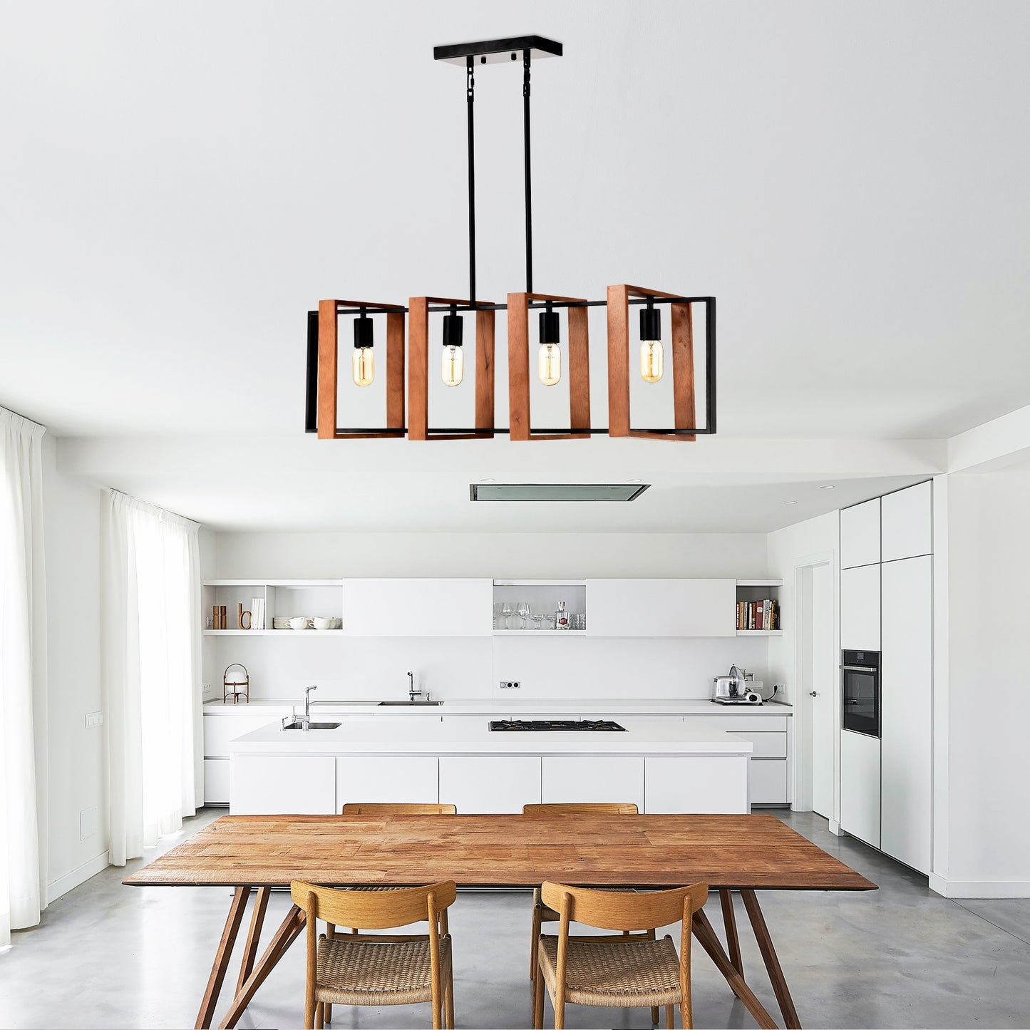 4-Light Kitchen Island Lights Pendant Light Farmhouse Dining Room Light Fixture, Rustic Wood And Black Metal Rectangular Chandelier,