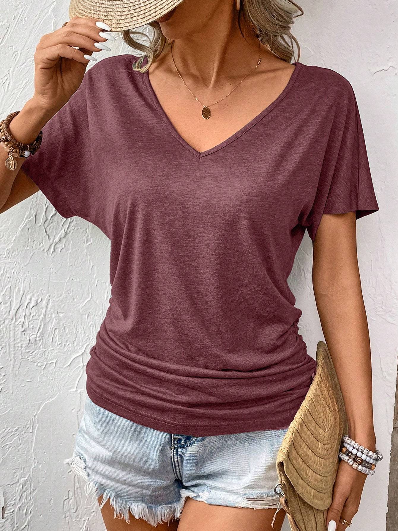 Women Summer Solid Color V-Neck Short Sleeve Casual T-Shirt