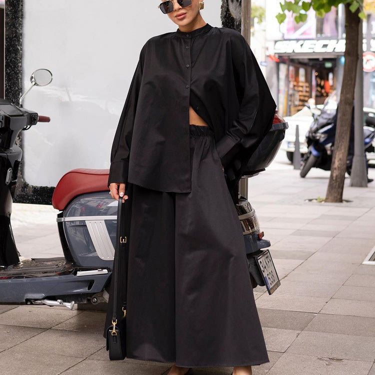 Casual Stand-up Collar Long-sleeved Shirt Wide Leg Pants Loose Two-piece Suit