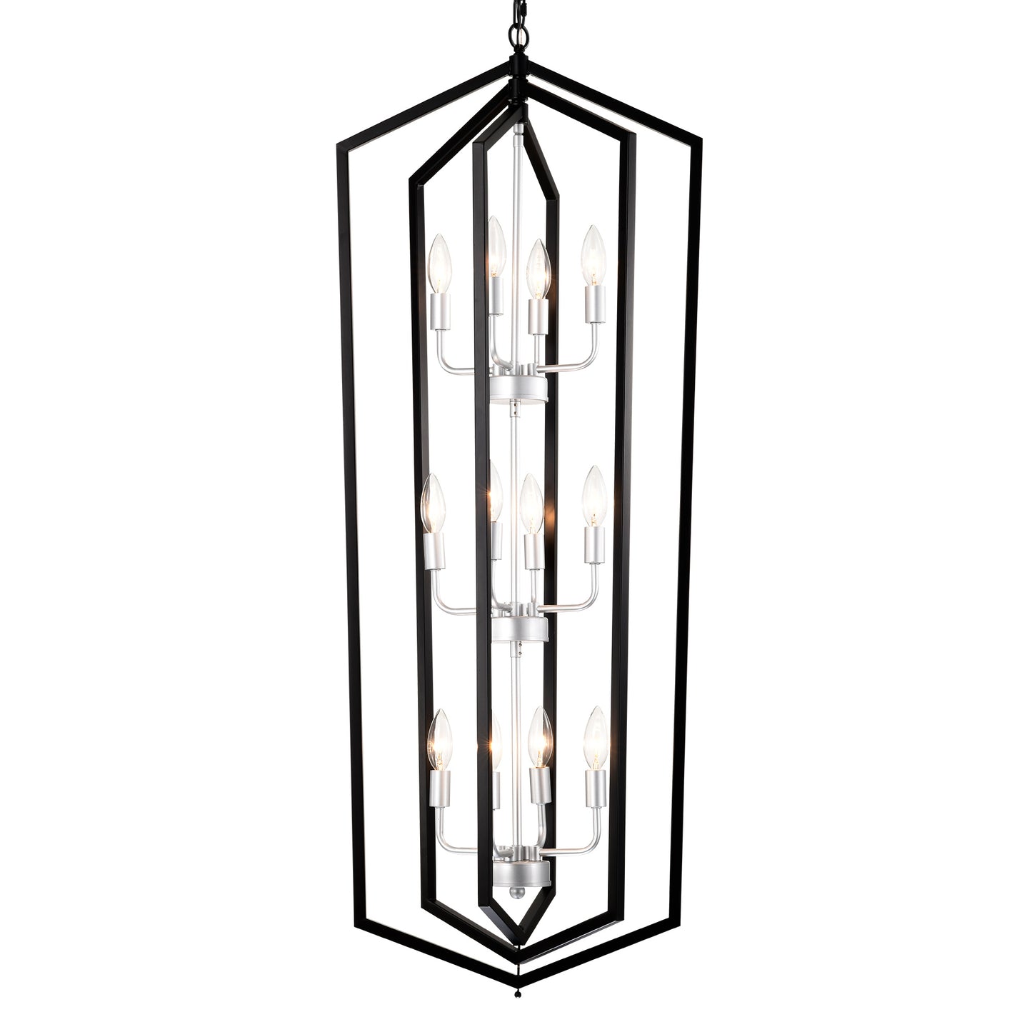 12-Light Farmhouse Kitchen Chandeliers, Matte Black And Sliver Vintage Rustic Cage Light Fixture Adjustable Height Chandeliers For Dining Room Hallway Foyer Entryway E12 Bulbs Not Included