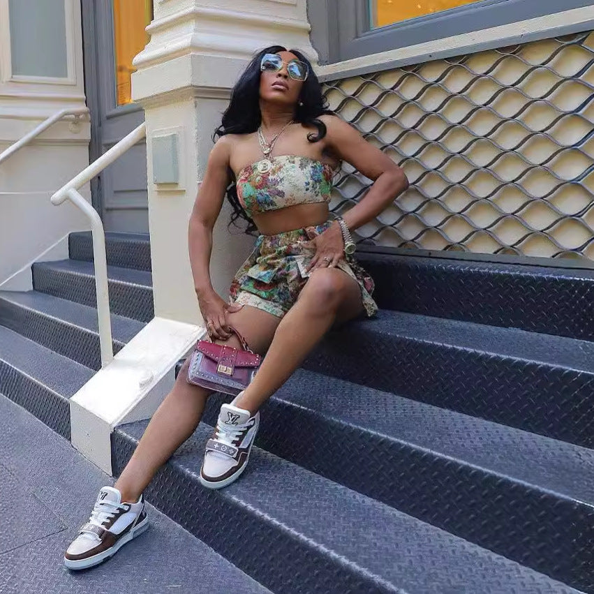 Vintage Flower French Court Tube Top Tassel Suspender Shorts Suit