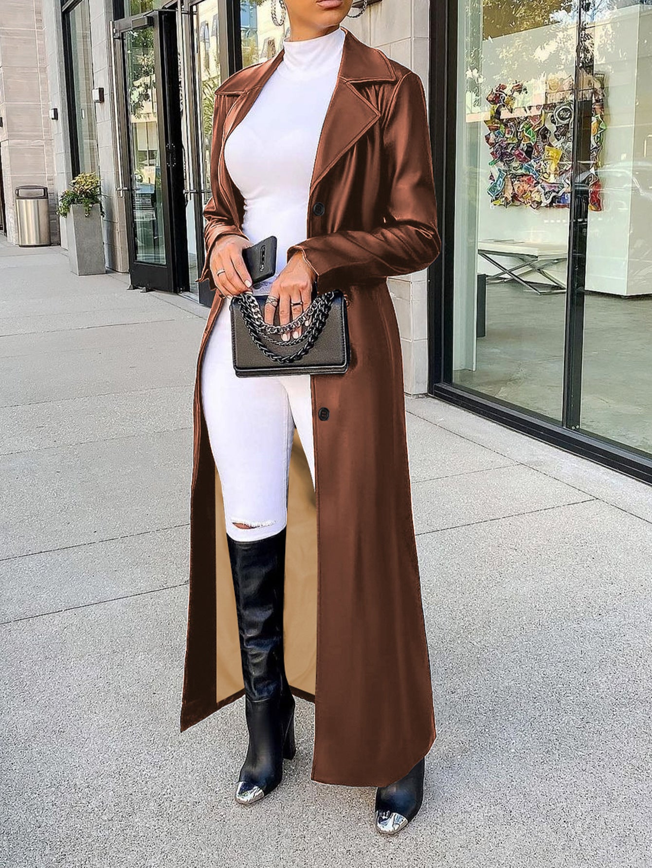 Lapel Button Street All-match Warm And Trendy Long Leather Coat