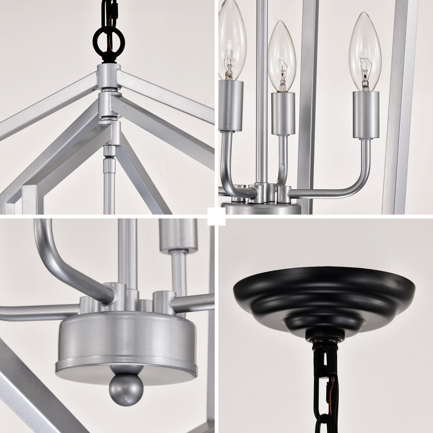 4-Light Farmhouse Chandeliers, Matte Black And Sliver Matte Black Vintage Cage Light Fixture ,Adjustable Height Chandeliers For Dining Room, Bedroom, Living Room, Confere E12 Bulbs Not Included