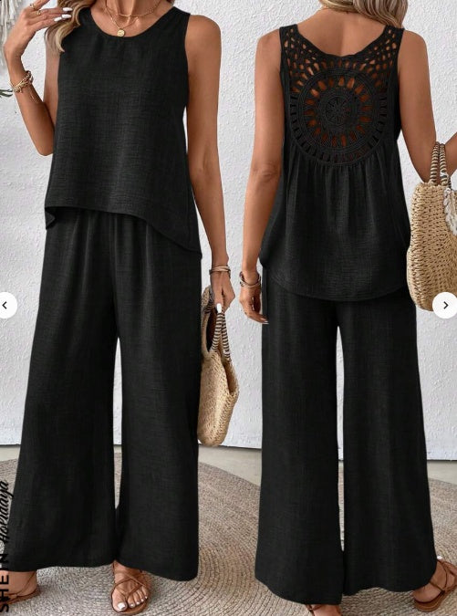 Solid Tank Top & Wide Leg Pants For Summer Vacation
