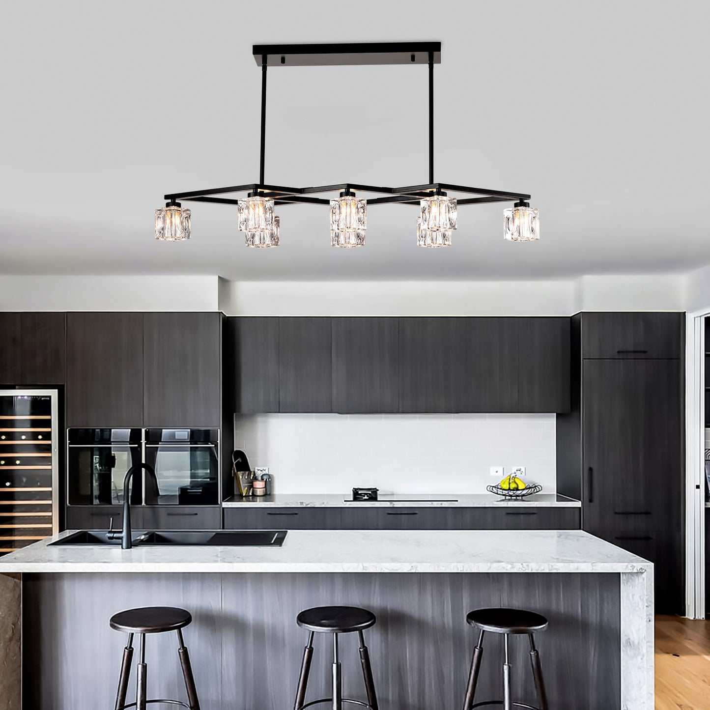Matte Black Crystal Chandelier For Dining Room, 8-Light Kitchen Chandelier