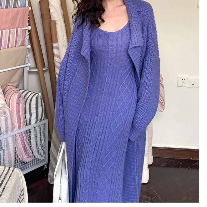 Knitted Cardigan Round Neck Dress Two-piece Women's Clothing