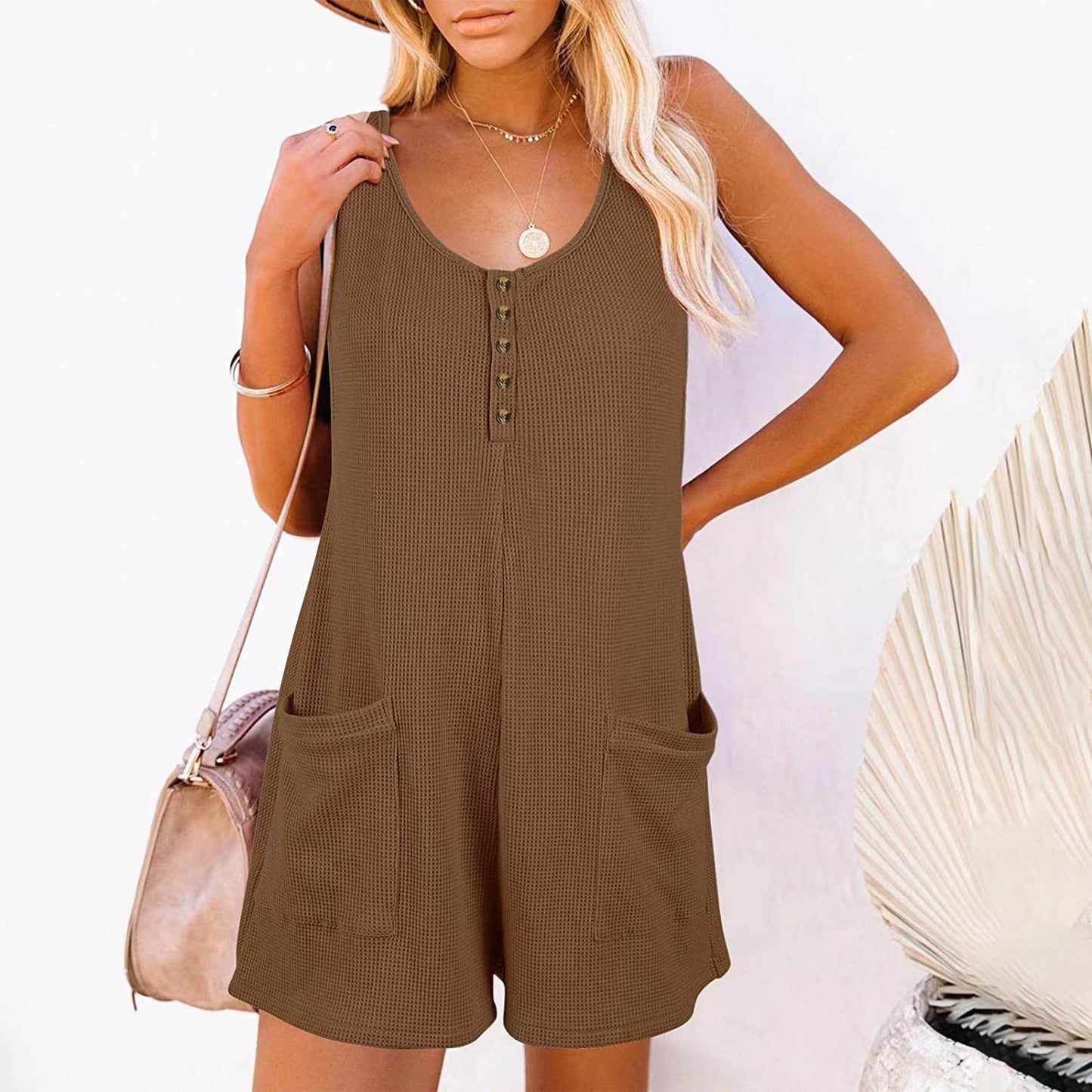 European American Summer New Women's Loose Casual Button Pocket Vest Jumpsuit