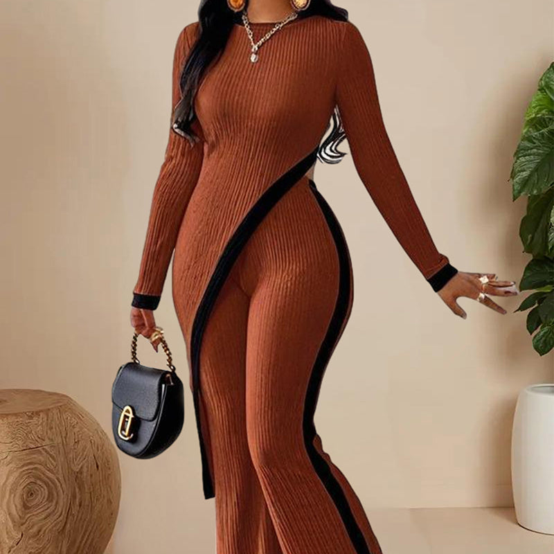 Women's  Elegant Round-neck Two-piece Long-sleeved Pants With Decorative Edges For Spring & Fall