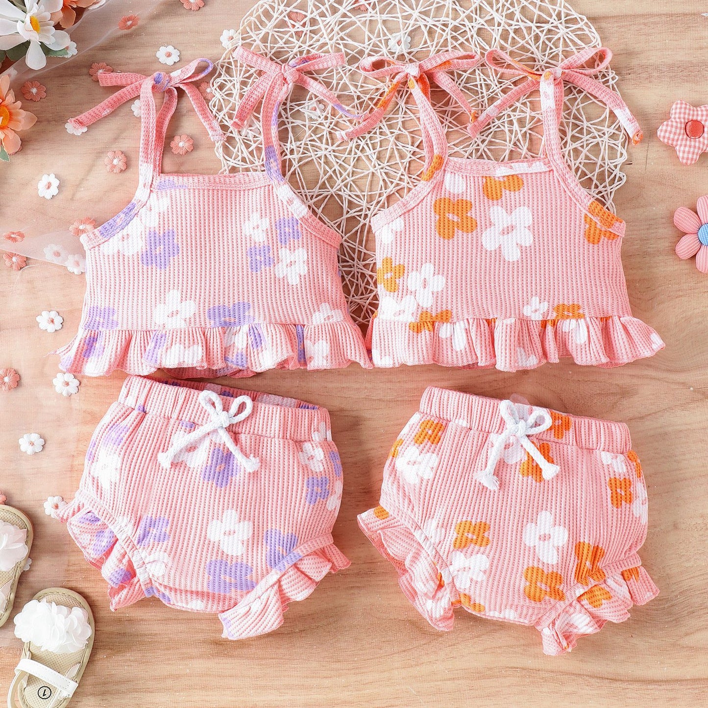 Multicolor Waffle Printed Lace Up Top Shorts