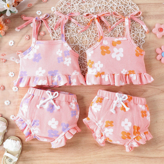 Multicolor Waffle Printed Lace Up Top Shorts