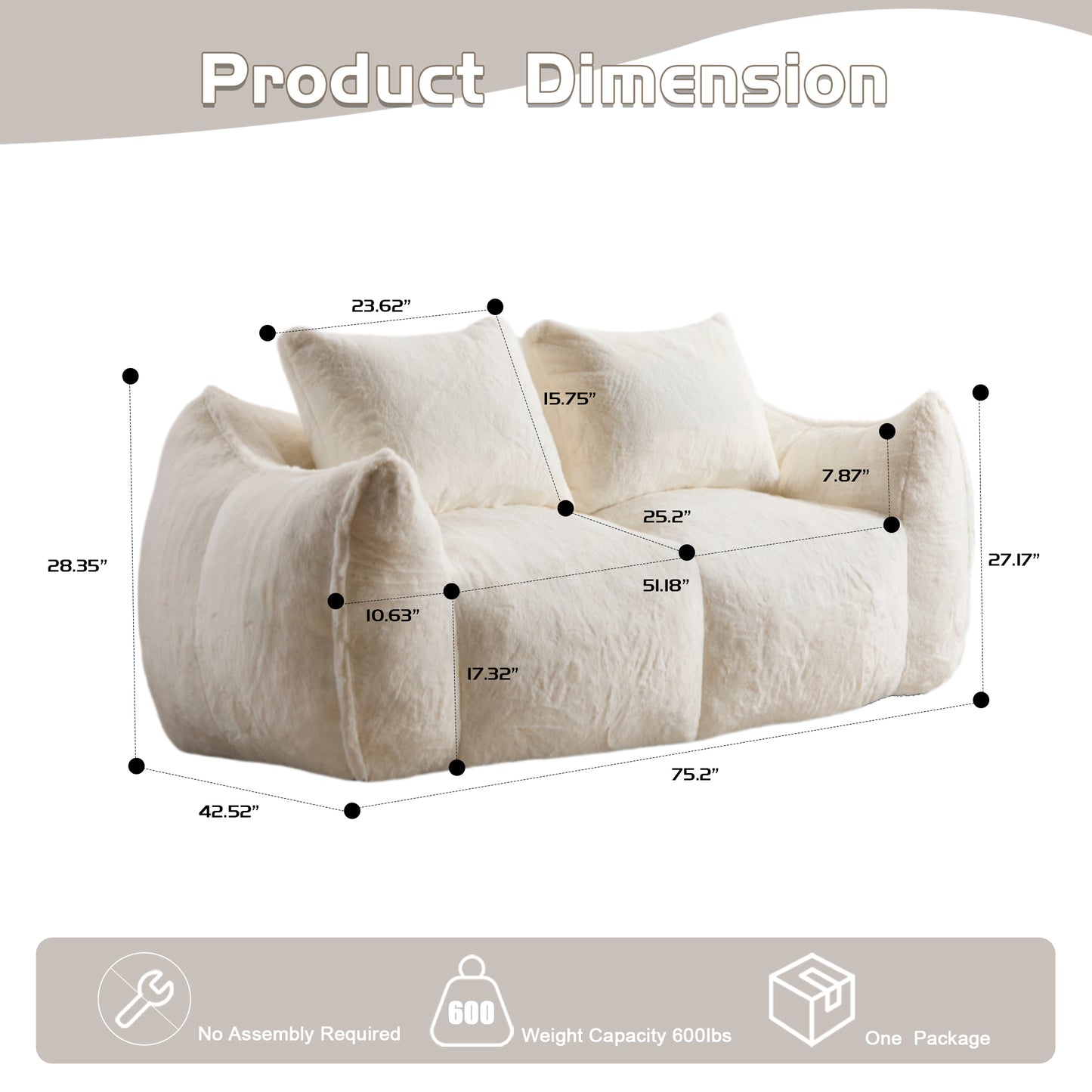 Giant Bean Bag Couch For Adults, Ultra Soft Fluffy Loveseat Bean Bag Sofa, Oversized Chase Lounge Chair Indoor For Living Room Bedroom, No Assembly Required Cozy Reading Chair With Pillows, White