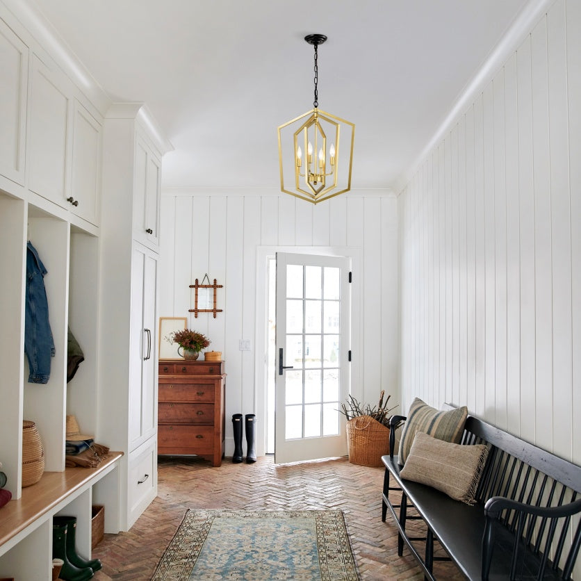 4-Light Farmhouse Kitchen Chandeliers, Vintage Cage Light Fixture Adjustable Height Chandeliers For Dining Room Hallway Foyer Entryway E12 Bulbs Not Included-GOLD MATTE BLACK