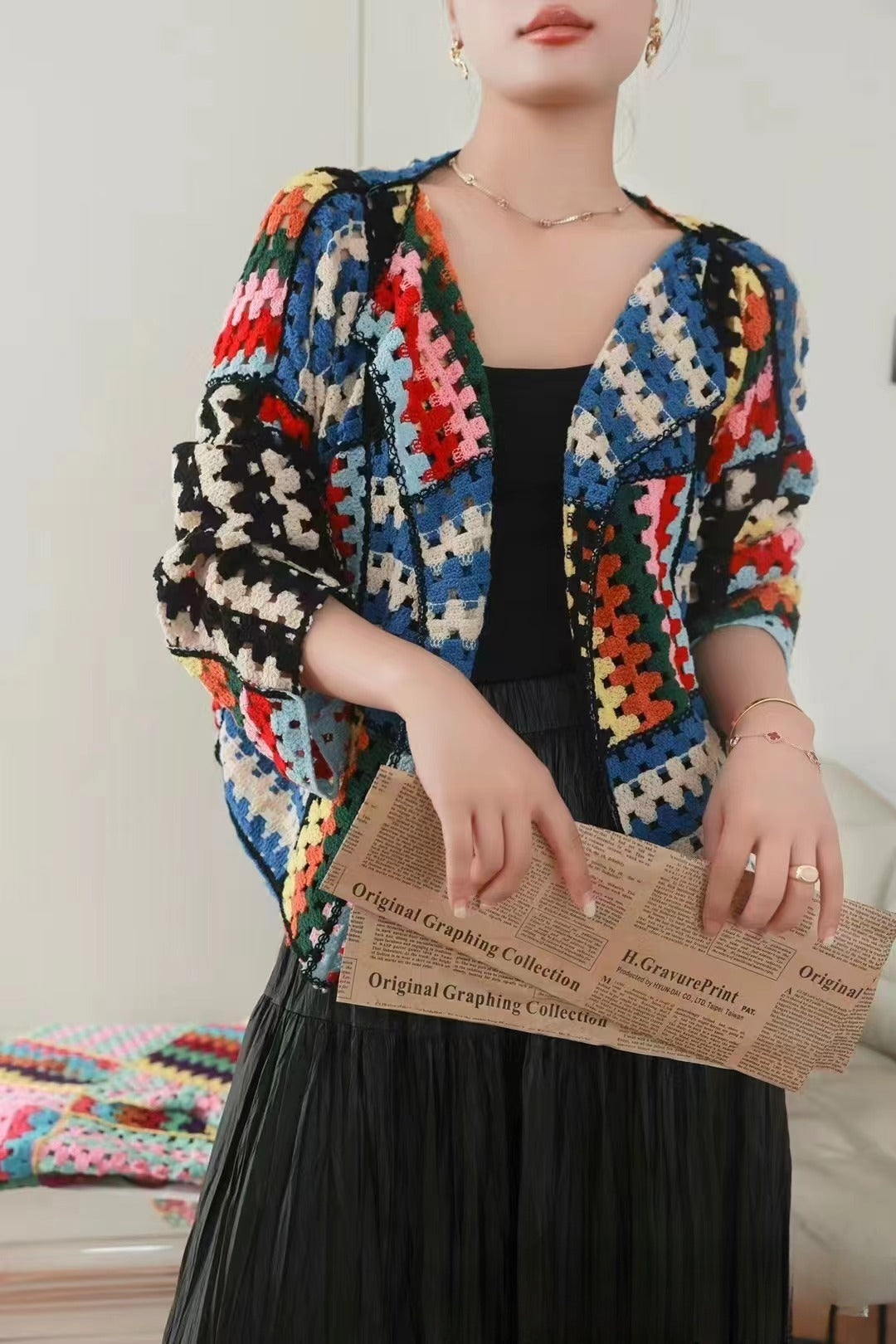 Sweet Heavy Industry Color Woven Crochet Loose Slim Long Sleeve Sweater