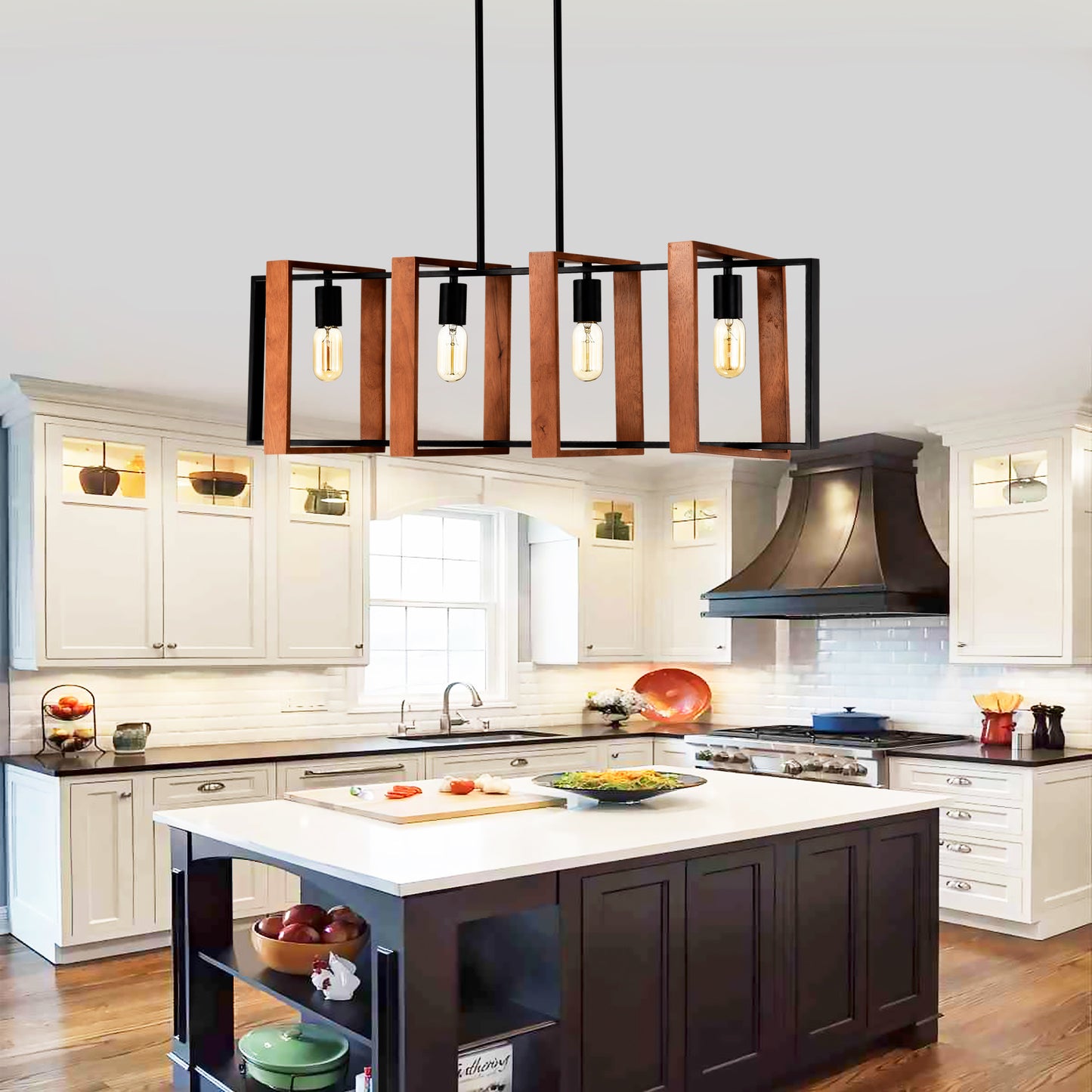 4-Light Kitchen Island Lights Pendant Light Farmhouse Dining Room Light Fixture, Rustic Wood And Black Metal Rectangular Chandelier,