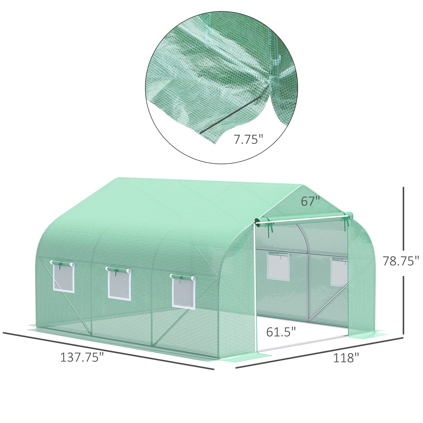Outdoor Walk-In Tunnel Greenhouse 11.5 X 10 X 6.5 With Roll-up Windows Zippered Door PE Cover Green