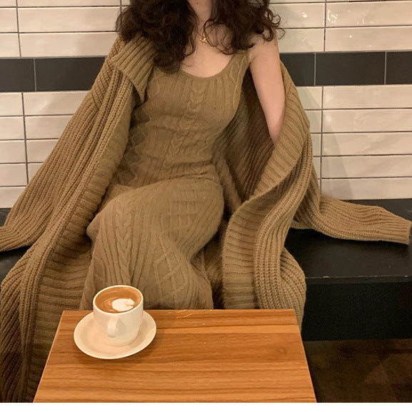 Knitted Cardigan Round Neck Dress Two-piece Women's Clothing