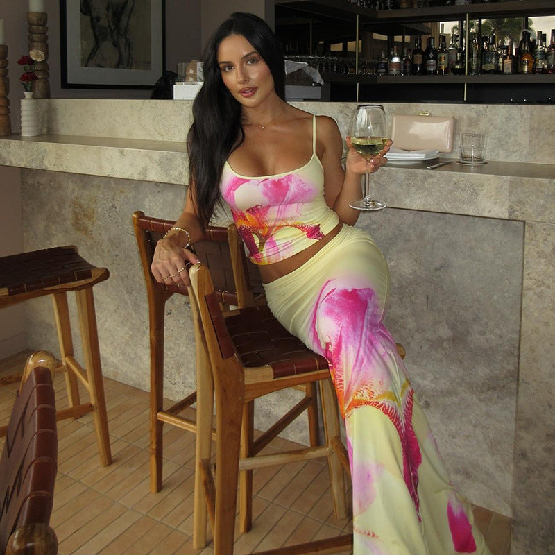 Fashion Personality Street Leisure Vacation Chest Slimming Sleeveless Slip Dress Set Women