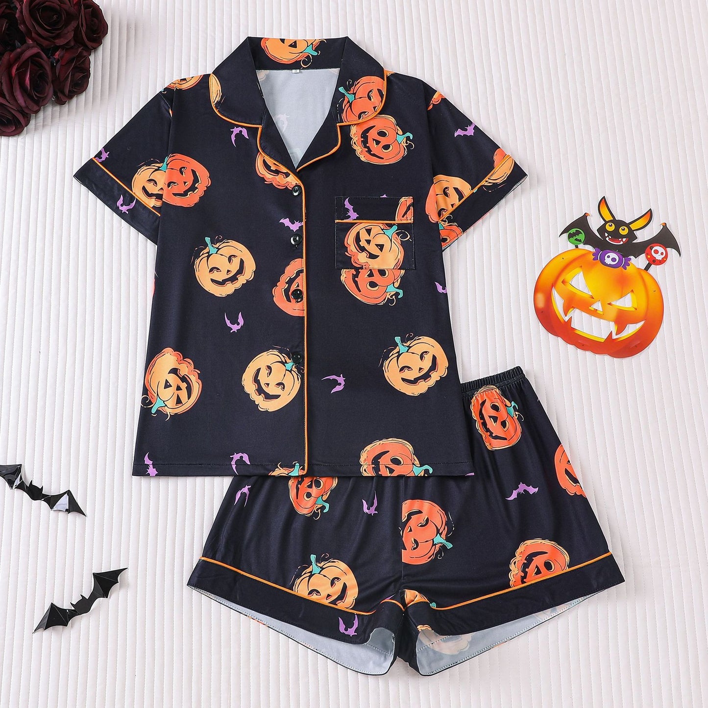Cuban Collar Halloween Pumpkin Head Women's Short Sleeve Suit
