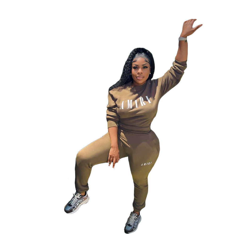 Printed Crew Neck Sweatshirt Two-piece Suit