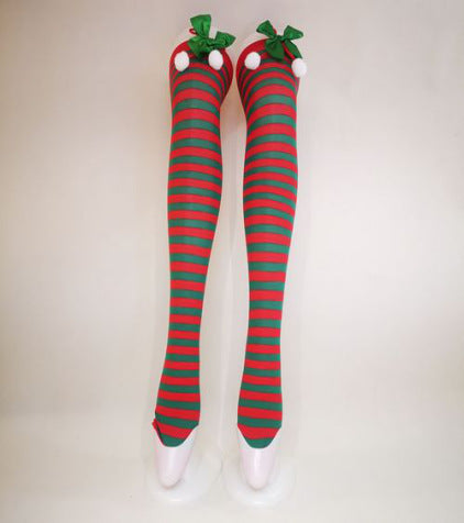Christmas Striped Socks With Bow Fur Balls