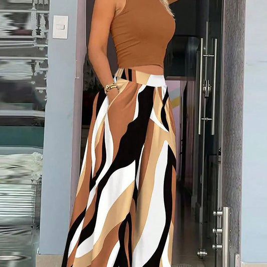 Women's Casual Vacation Style Semi-High Neck Knitted Top Set