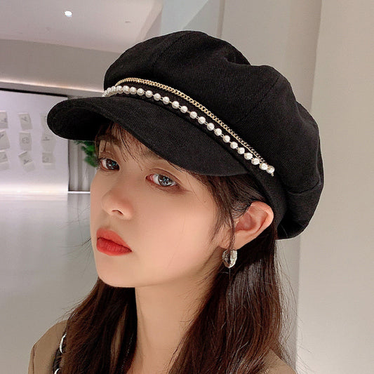 Pearl Octagonal Cap Korean Style All-matching Graceful Beret Classic Style Duck Tongue Newsboy Cap Tide