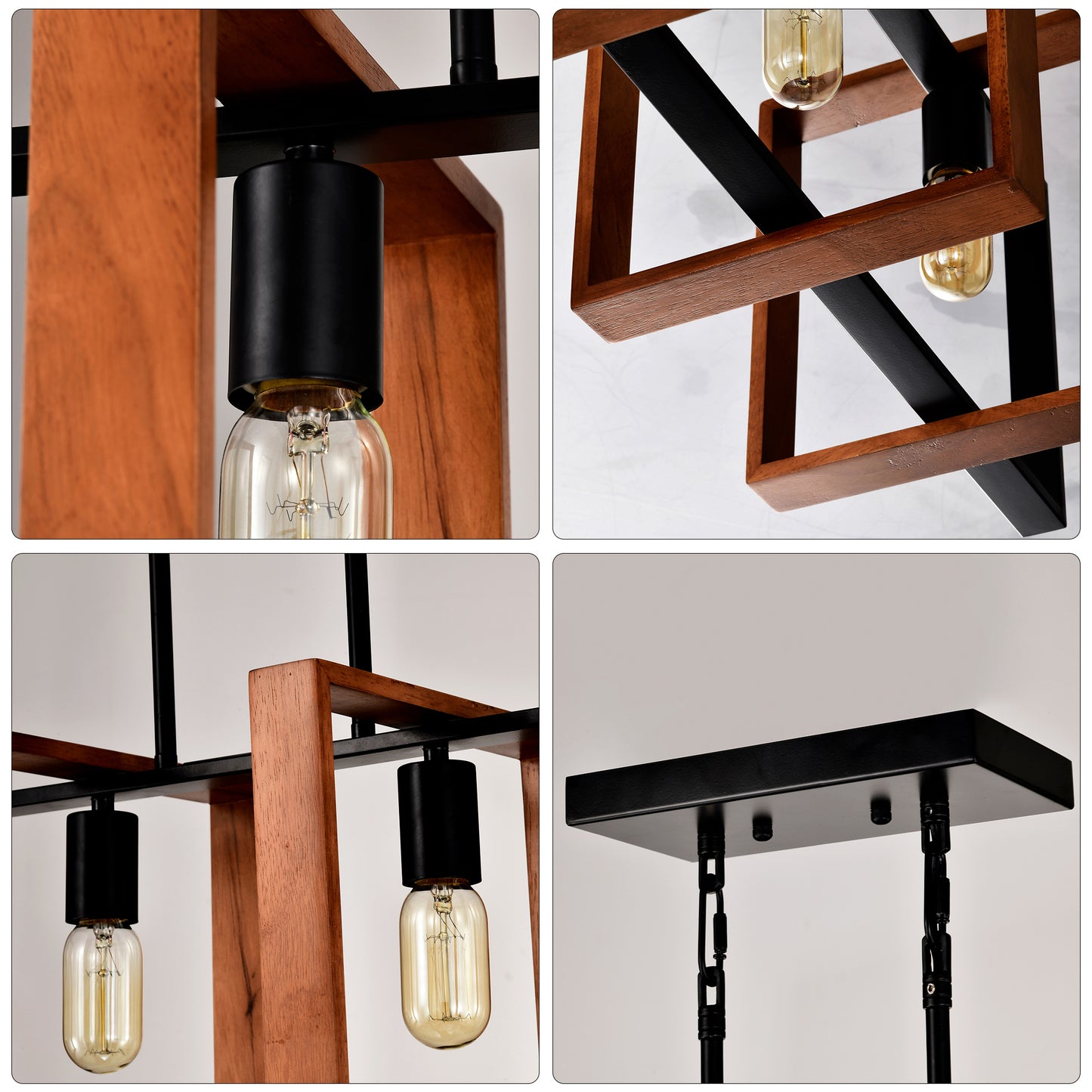 4-Light Kitchen Island Lights Pendant Light Farmhouse Dining Room Light Fixture, Rustic Wood And Black Metal Rectangular Chandelier,